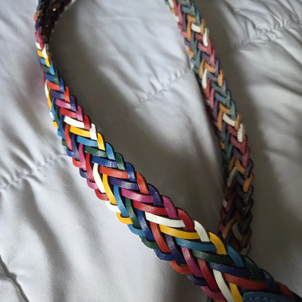 New Old Stock! Colorful Vintage 80s Leather Braided Belt with Blue Buckle